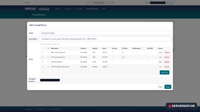 The base template: DNS/NTP replies come in via source port 53/123 The base template in the netcup SCP with four inbound ACCEPT rules: DNS and NTP via the source port, plus ICMP and ICMPv6