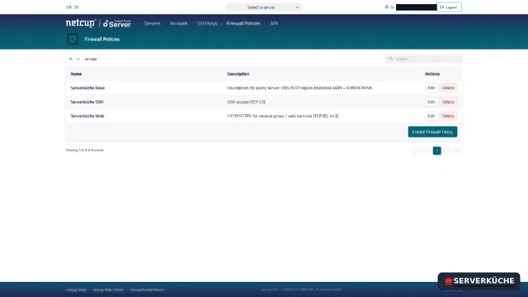 Three small, reusable building blocks instead of one monolith The three composable firewall templates in the netcup SCP overview: base, SSH and web
