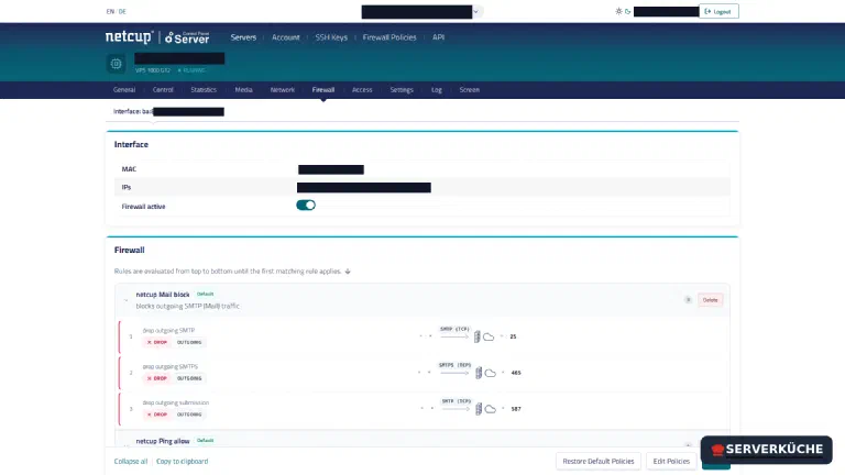 Firewall active – rules are evaluated top to bottom, the first match wins The server’s firewall tab with an active firewall and the assigned rules