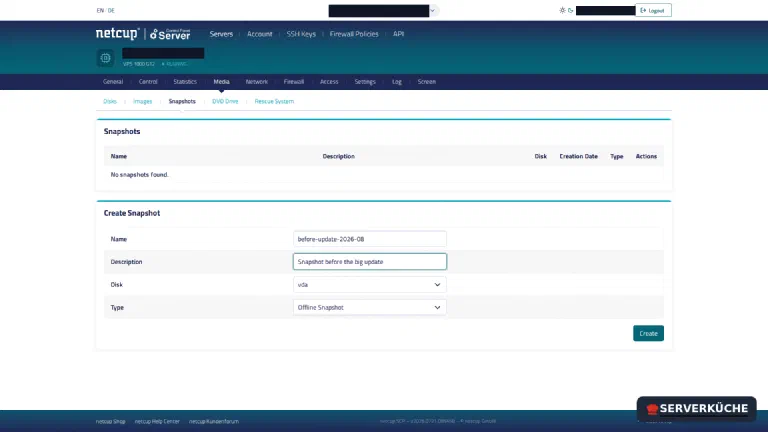 \"Create snapshot\" – give a name after the purpose, choose the type deliberately The snapshot form in the SCP with name, description, disk and type