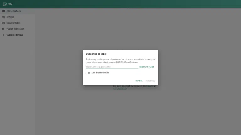 ntfy web interface with the dialog to subscribe to a new topic