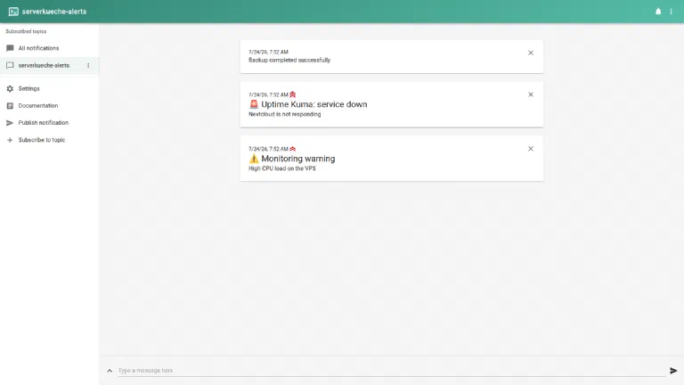 ntfy web interface with three received notifications in the subscribed topic