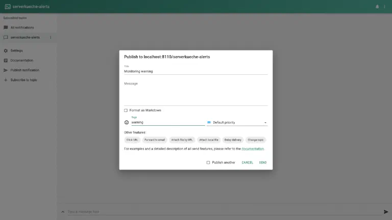 ntfy dialog to send a message with fields for topic, title, priority and tags