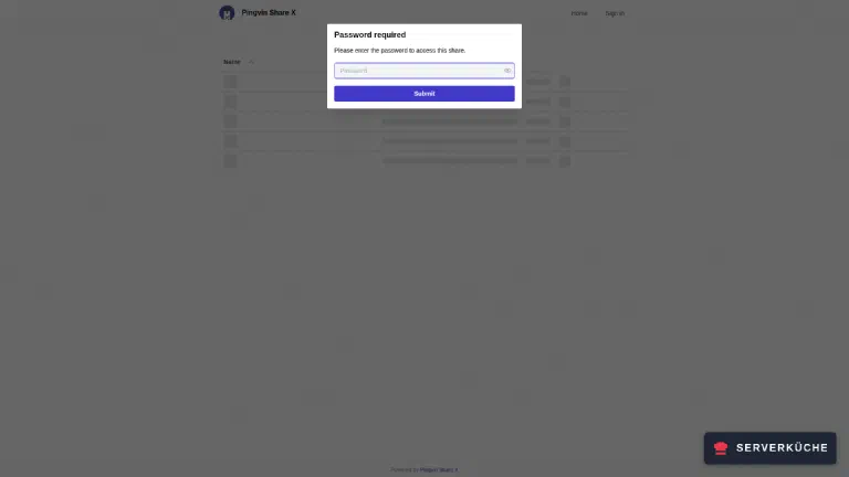 Without the password the file list stays hidden The recipient page of Pingvin Share X with a “Password required” dialog above the greyed-out file list.