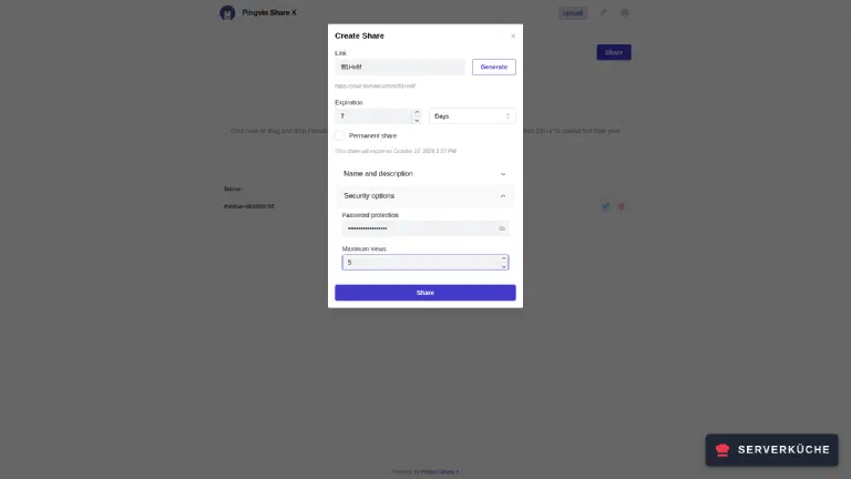 Three independent brakes: expiry date, password and maximum views The “Create Share” dialog with a generated link ID, seven days of expiry, a password set and a view limit of five.