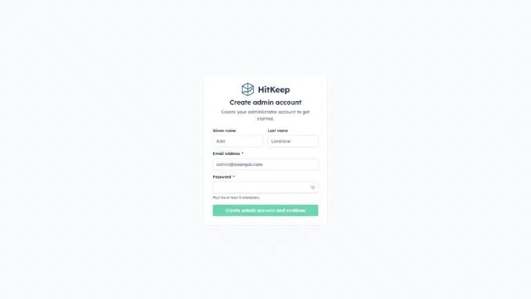 On first launch you create your admin account. HitKeep initial setup: form to create the administrator account with first and last name, email address and password.