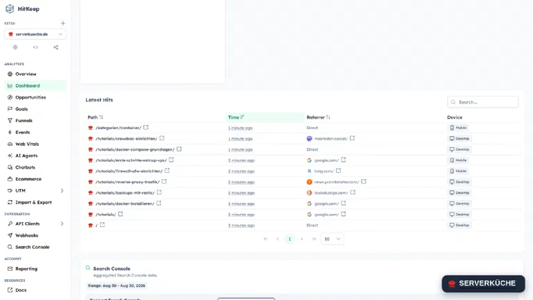 HitKeep table &ldquo;Latest Hits&rdquo; with individual page views, referrers like search engines and the device type per call.