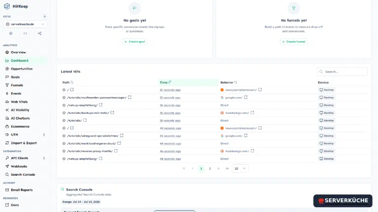 Latest Hits shows every single call with referrer and device. HitKeep table “Latest Hits” with individual page views, referrers like search engines and the device type per call.