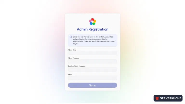 Admin registration – the first user automatically becomes administrator The Immich form “Admin Registration” with fields for email, password and name