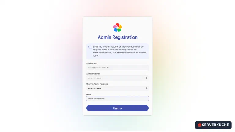 Admin registration – the first user automatically becomes administrator The Immich form “Admin Registration” with fields for email, password and name