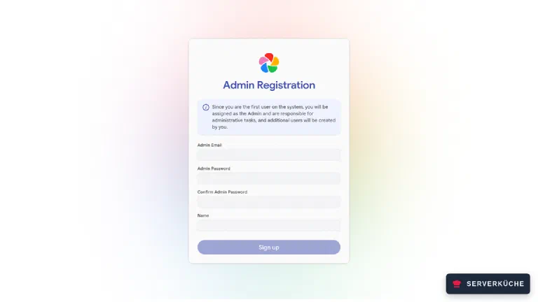 Admin registration – the first user automatically becomes administrator The Immich form “Admin Registration” with fields for email, password and name