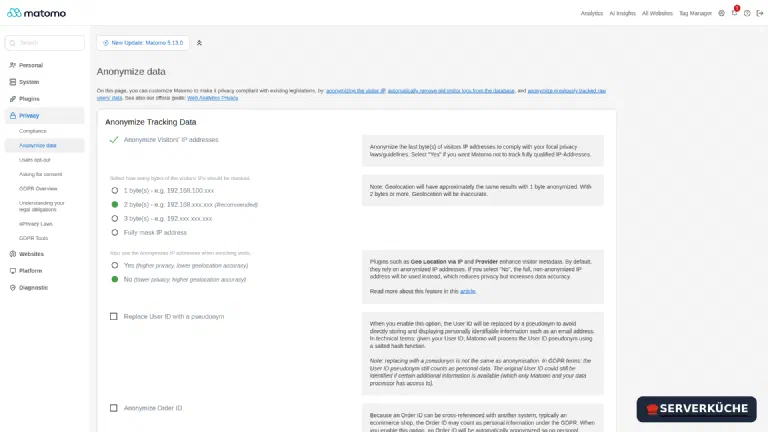 Privacy → Anonymize data: IP anonymization is already set to two bytes Matomo’s “Anonymize data” page with IP anonymization enabled and the selection of masked bytes