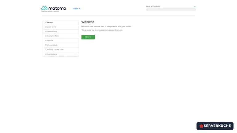 The web installer of Matomo 5.12 – eight steps to the finished dashboard Matomo installation wizard in the browser, welcome page with the step list from “1. Welcome” to “8. Congratulations”
