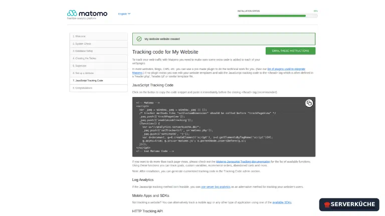 The tracking code – this snippet goes into the head area of your website Matomo installer shows the finished JavaScript tracking code to copy