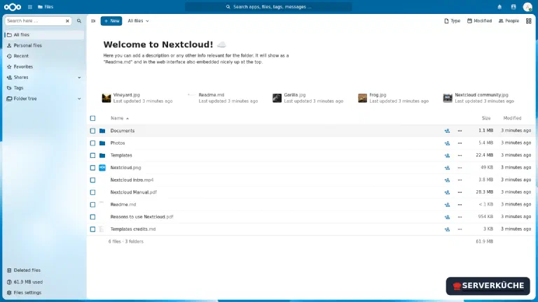 The Files interface of Nextcloud with folders and example files
