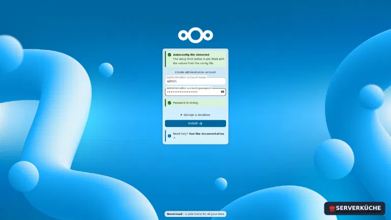 The Nextcloud initial setup detects the autoconfig and only asks for the name and password of the administration account