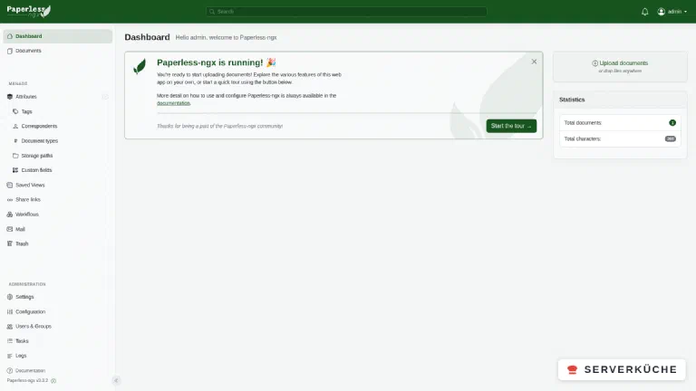 The Paperless-ngx dashboard with a welcome message and statistics widget