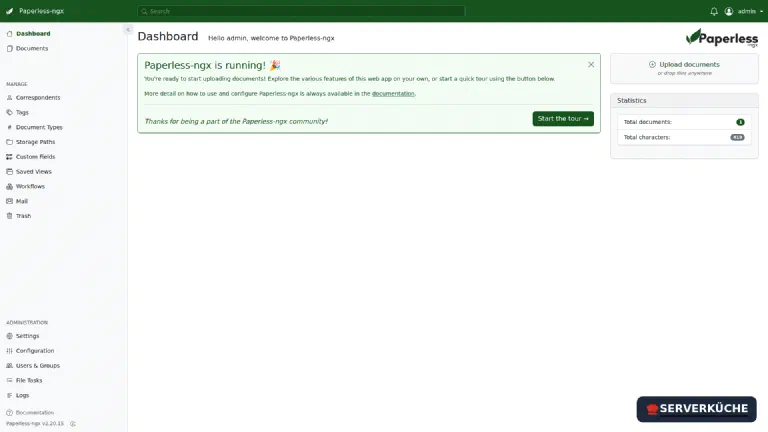 The home page after the first login The home page of Paperless-ngx with a welcome message and statistics widget