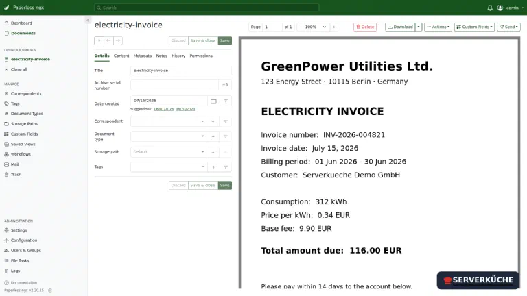 Detail view: OCR recognized text and date, metadata can be supplemented The detail view of a document in Paperless-ngx with metadata on the left and the recognized document on the right