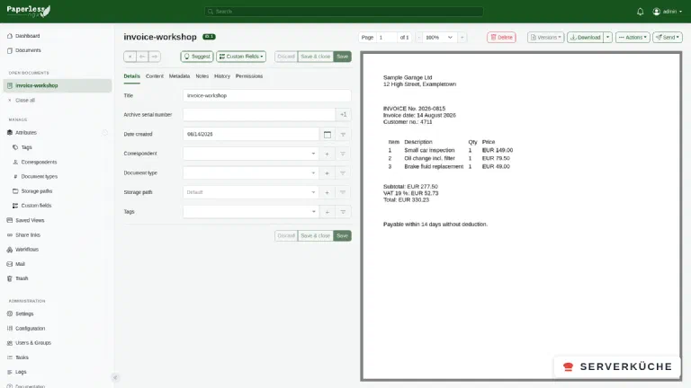 The detail view of a document in Paperless-ngx with metadata on the left and the recognized document on the right