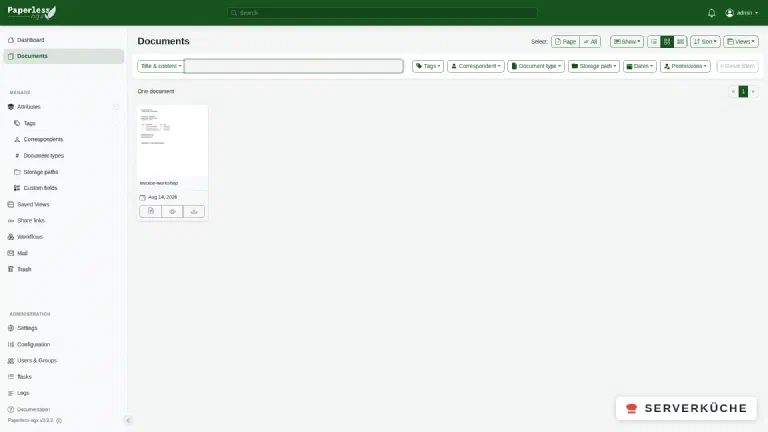 The document list of Paperless-ngx with a processed document as a tile