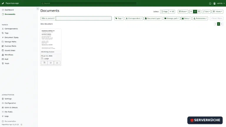 The document list – the imported document is immediately searchable The document list of Paperless-ngx with a processed document as a tile