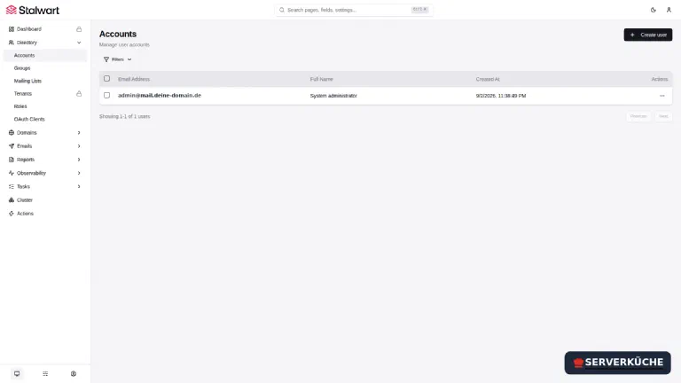 The management console: manage accounts. The Stalwart management console with the accounts overview.