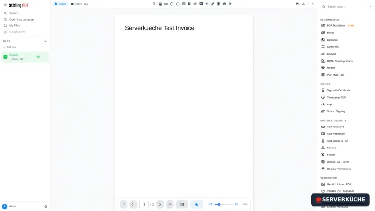 A loaded PDF in the Stirling-PDF viewer with page navigation and the tool catalog beside it