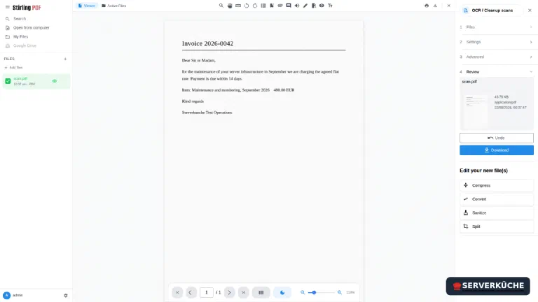 The Stirling-PDF OCR result view with preview, file size and download button