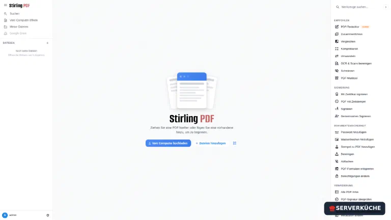 Over 50 tools grouped by task – merge, compress, convert, OCR and more The Stirling-PDF interface with an upload area in the center and the tool catalog on the right
