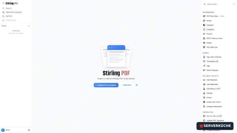 The Stirling-PDF interface with an upload area in the center and the tool catalog on the right