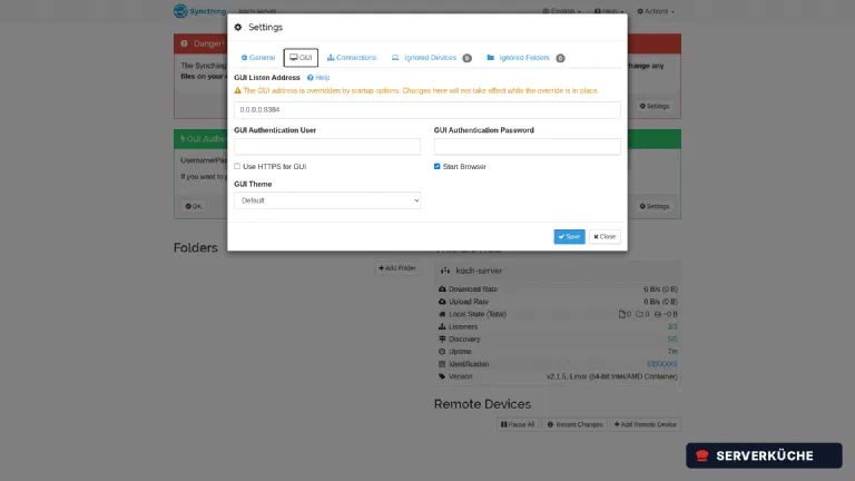 Actions → Settings → GUI: this is where the username and password for the interface are set The GUI tab in Syncthing’s settings dialog with the empty fields GUI Authentication User and GUI Authentication Password
