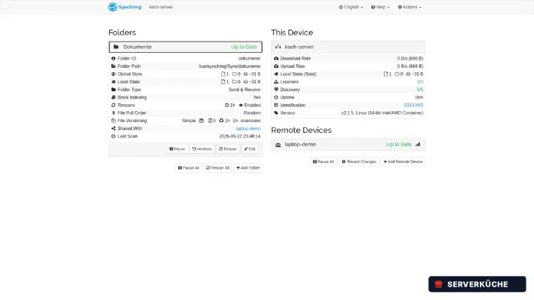 The goal: folder and remote both sit on \"Up to Date\", with versioning active The Syncthing interface with the folder Dokumente on Up to Date, shared with the device laptop-demo, which also reports Up to Date