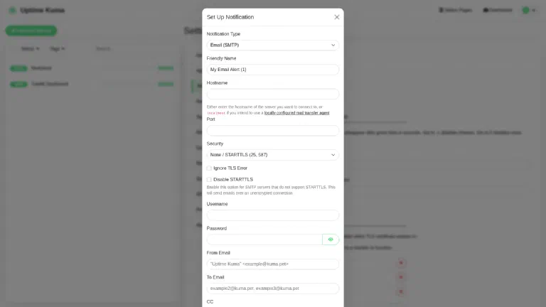 Setting up the email notification (SMTP) The email notification (SMTP) in Uptime Kuma: hostname, port, security and from address