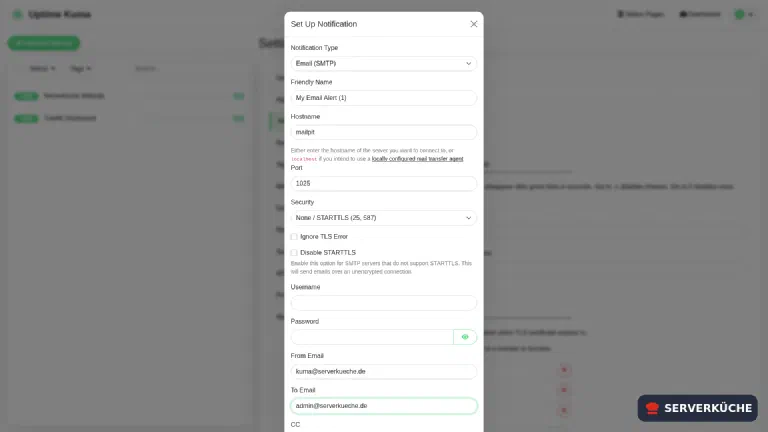 Setting up the email notification (SMTP) The email notification (SMTP) in Uptime Kuma: hostname, port, security and from address