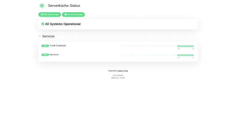 The finished public status page The public status page “Serverküche Status”: “All Systems Operational” and both services with 100% availability
