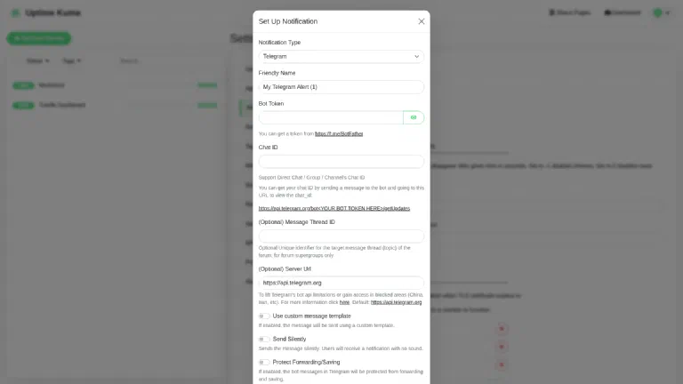 Telegram notification: bot token and chat ID The Telegram notification in Uptime Kuma: bot token and chat ID, with a direct link to the BotFather
