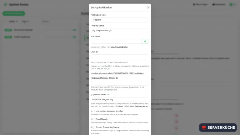 Telegram notification: bot token and chat ID The Telegram notification in Uptime Kuma: bot token and chat ID, with a direct link to the BotFather