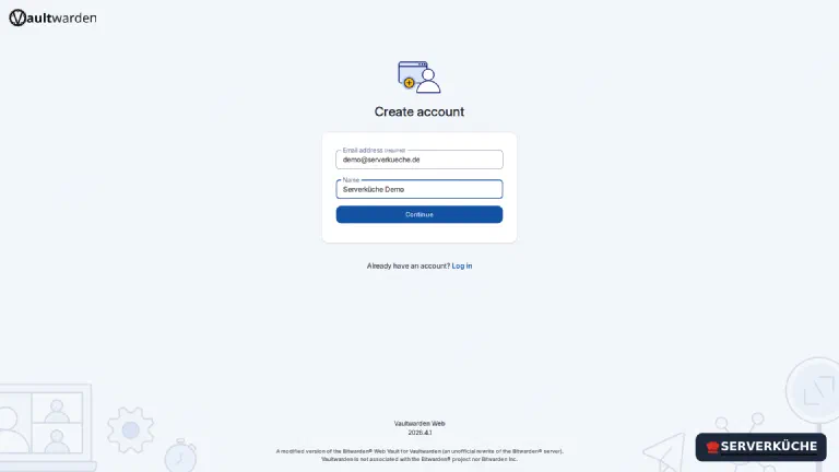 Create account – Vaultwarden uses the official Bitwarden web interface The Vaultwarden web interface shows the form to create a new account with email address and name