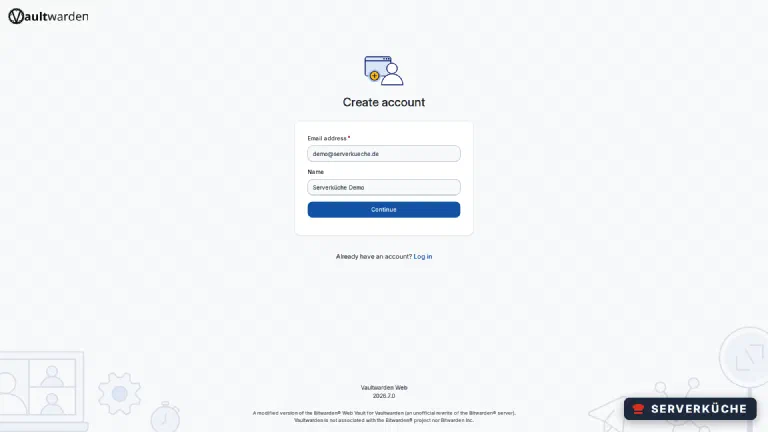 The Vaultwarden web interface shows the form to create a new account with email address and name
