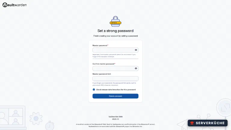 The Vaultwarden page for setting a strong master password with a password field and strength indicator