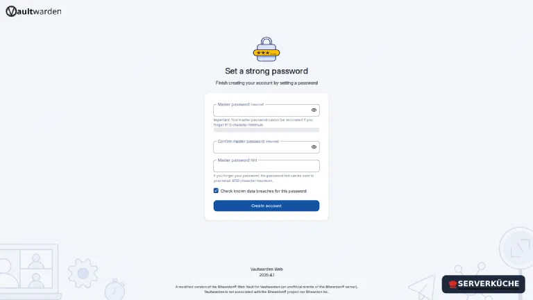 The master password encrypts your entire vault – choose it carefully The Vaultwarden page for setting a strong master password with a password field and strength indicator