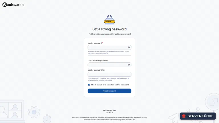 The master password encrypts your entire vault – choose it carefully The Vaultwarden page for setting a strong master password with a password field and strength indicator