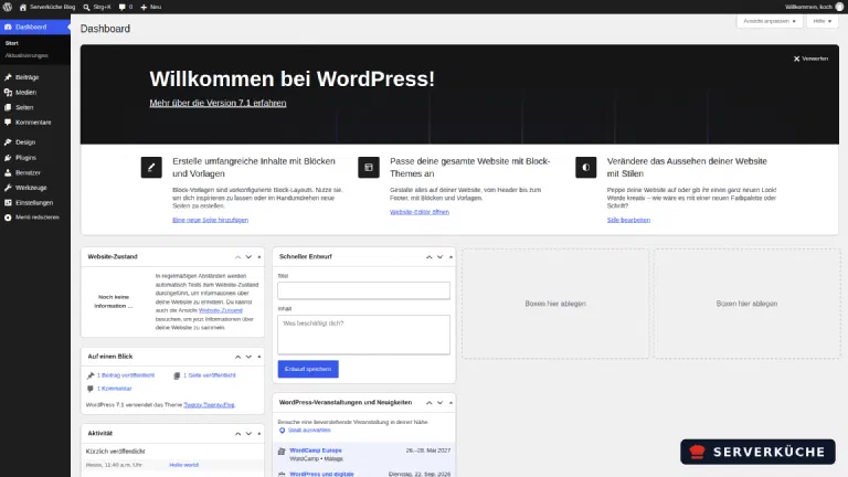 The dashboard: here you manage posts, pages, design and plugins The WordPress dashboard after installation, version 7.1 with the Twenty Twenty-Five theme