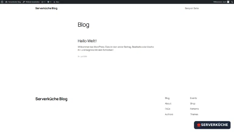 The frontend under your own domain – the default post \"Hello world!\" The frontend of the freshly installed WordPress site with the first post “Hello world!”
