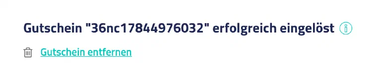 Der netcup-Warenkorb nach dem Einlösen: „Gutschein &ldquo;36nc17844976032&rdquo; erfolgreich eingelöst“ mit dem Link „Gutschein entfernen“.