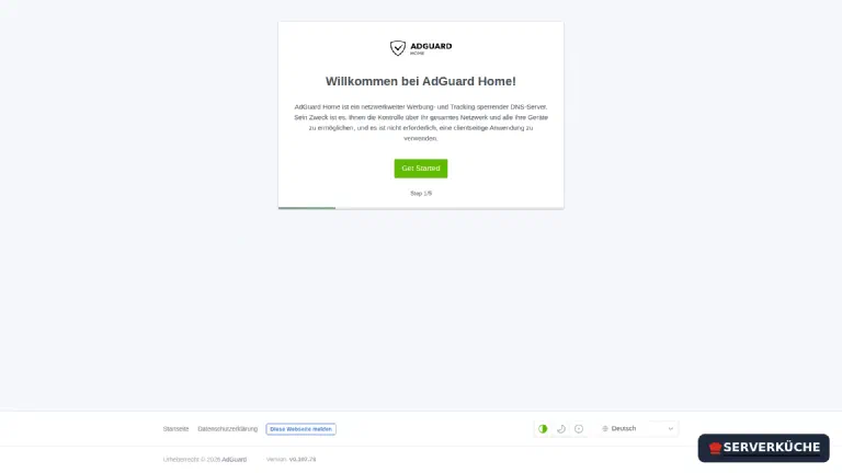 Der Einrichtungsassistent begrüßt dich – die Sprache stellst du unten rechts um. Der Willkommensbildschirm des AdGuard-Home-Einrichtungsassistenten.