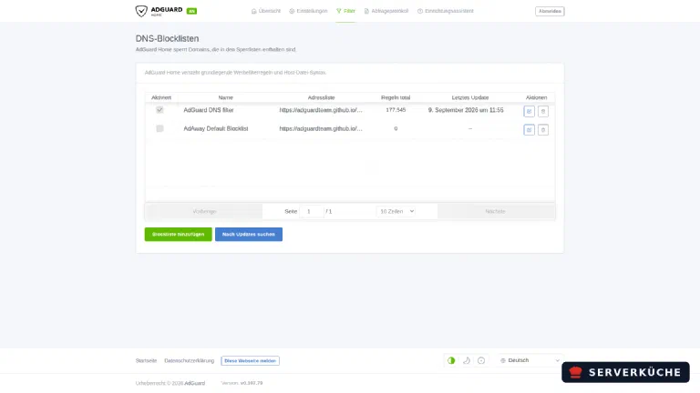 Die Verwaltung der DNS-Sperrlisten in AdGuard Home.