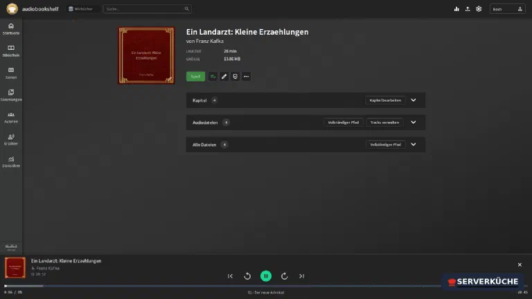 Detailseite mit Kapiteln und laufendem Player Die Detailseite des Hörbuchs mit laufender Wiedergabe, Kapitel- und Dateiliste sowie dem Player am unteren Rand