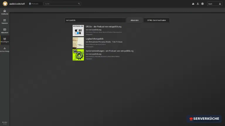 Podcast-Suche: Treffer aus dem iTunes-Katalog samt Episodenzahl Die Podcast-Suche in Audiobookshelf mit zwei Treffern zum Suchbegriff netzpolitik samt Episodenzahl